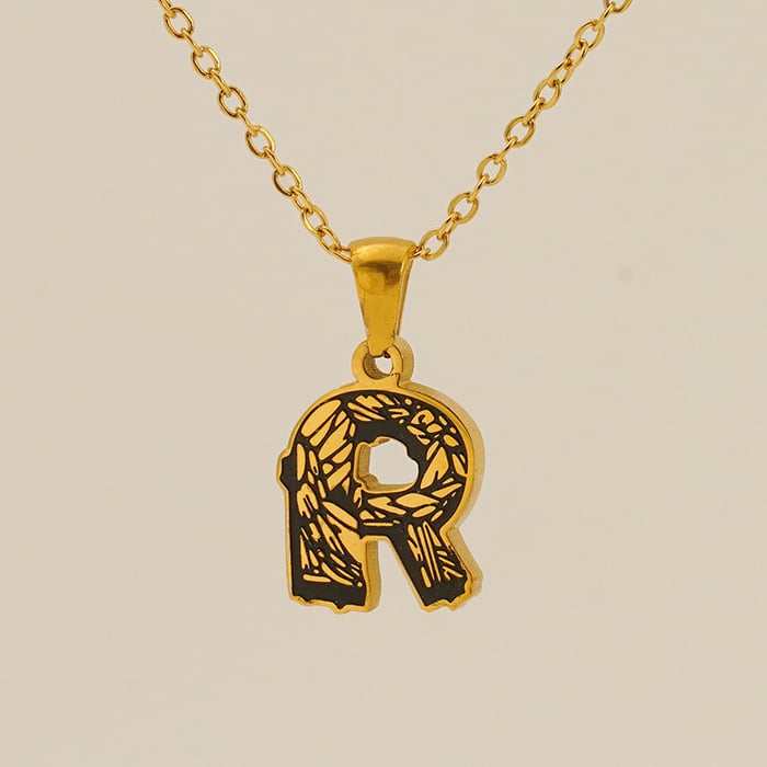 1 Piece Classic Bark Grain Unique Letter R Stainless Steel  Gold Color Unisex Pendant Necklaces 